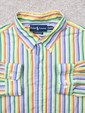 Ralph Lauren Shirt Mens XL, 18 Yellow/Blue/Green Striped Custom Fit Long Sleeve